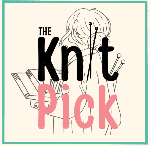 the knitpick logo: a woman turned away, holding books and carrying a bag on her shoulder with knitting needles sticking out